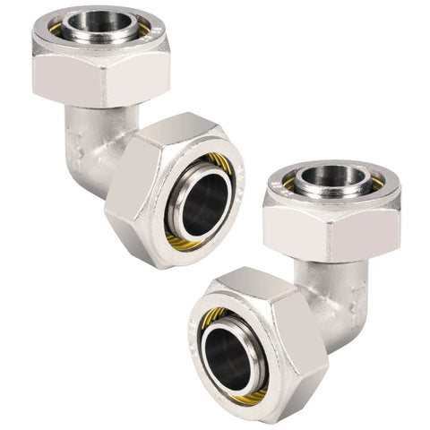 Two Pack Three Quarter Inch Elbow Air Piping Fittings For Shop And Garage Compressed Air Line System Brass Nickel Plated 200 PSI Quick Connect Compression Fittings, showing two 3/4 inch elbow fittings with brass nickel plating.