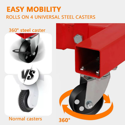 Heavy Duty Hydraulic Engine Hoist And Folding Cherry Picker With Six Swivel Wheels, showing 360 degree steel caster for easy mobility.