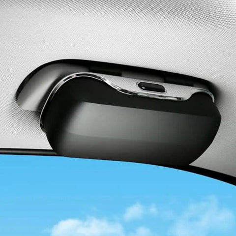 Premium Abs Sunglasses Holder For Tesla Cybertruck Sun Visor, sleek black design mounted on visor, quick release for easy access.