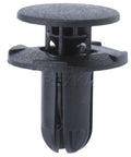 Close-up of a black push-type retainer clip from the 20Pcs Fender Liner Push Type Retainer Clips Fasteners Set For Hyundai Vehicles Including Accent Elantra Azera Santa Fe Sonata Tucson Kona Veloster Optima Sedona Genesis Ioniq.