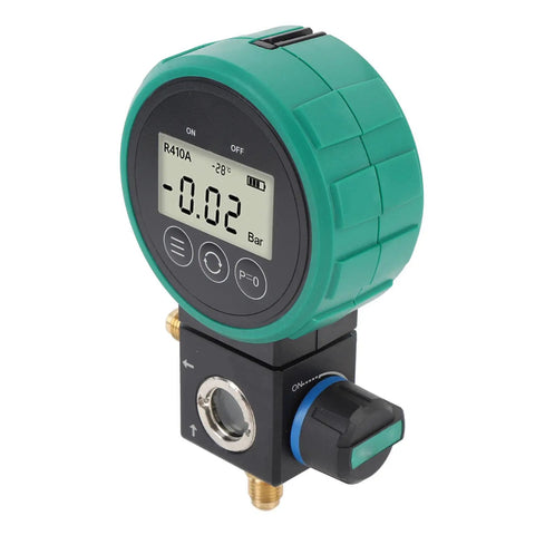 Professional HVAC Pressure Gauge Set With Digital Meter For Car AC Cooling System Charging And Quick Leak Detection showing digital gauge with black and green design.