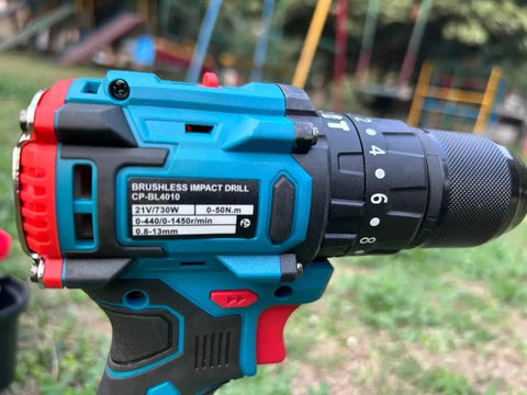 Heavy Duty 21V Cordless Drill Set With Dual Speed Gears, 10Mm Keyless Chuck, close-up of drill with adjustable torque settings.