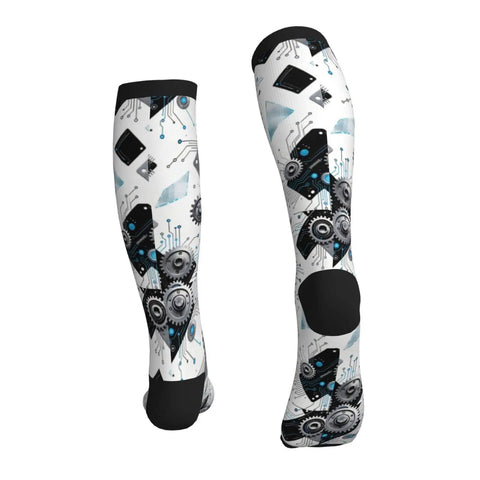 Top Tier Gear Chip Industrial Socks With 15-20mmHg Graduated Compression For Calf Support, stylish design with mechanical graphics.