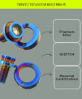 Titanium M8x15mm crank arm fixing bolts burnt blue finish with Gr5/TC4 certification and titanium alloy composition.