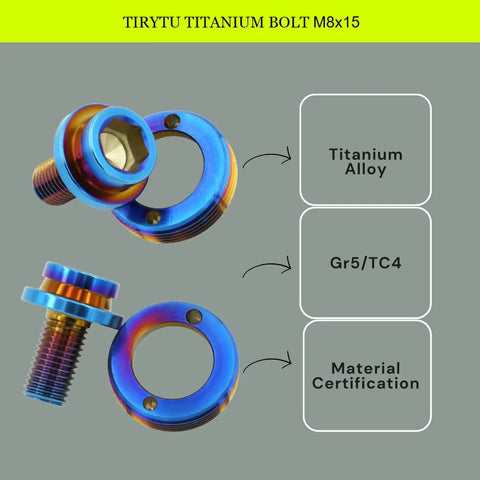 Titanium M8x15mm crank arm fixing bolts burnt blue finish with Gr5/TC4 certification and titanium alloy composition.