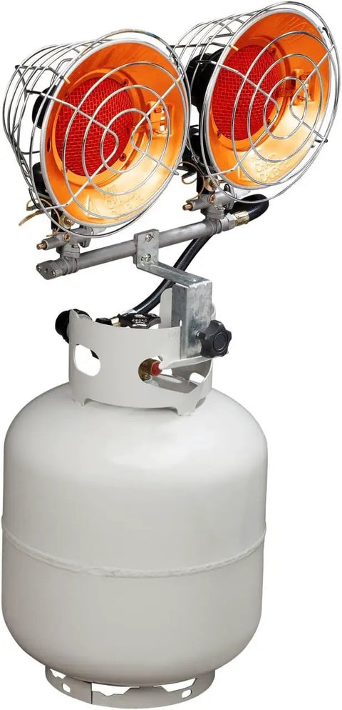 Infrared Tank Top Outdoor Heater With Propane For Camping And Patios Double Burner 30,000 BTU Easy Hookup Heats Up Fast 3 Heat Settings
