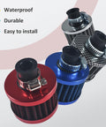 Four colorful air filters in red, blue, and carbon pattern; Two Pack 12mm Universal Red Cone Air Filter For Car And Motorcycle Cold Air Intake Upgrade