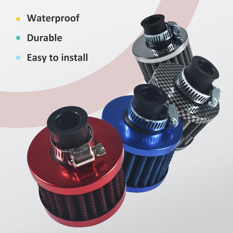 Four colorful air filters in red, blue, and carbon pattern; Two Pack 12mm Universal Red Cone Air Filter For Car And Motorcycle Cold Air Intake Upgrade