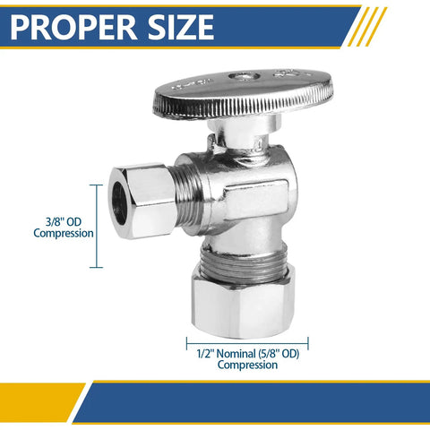 Angle Stop Valve One Quarter Turn Water Shut Off Valve, Twenty Pack, Lead Free Brass with Chrome Finish, Compression Inlet Five Eighths Inch to Half Inch Pipes, UPC Certified, Built To Last And Super Easy To Install, 3/8" OD