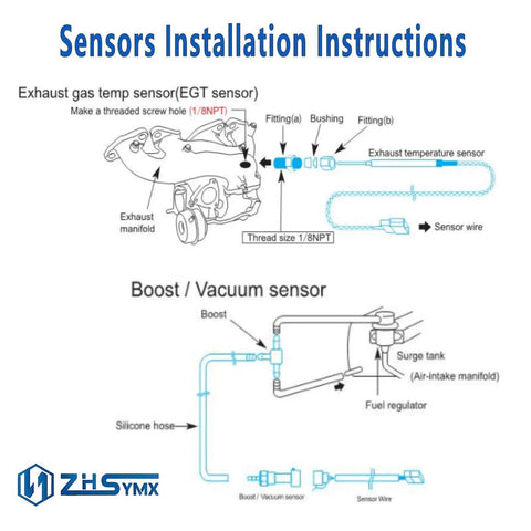 Exhaust Gas Temperature EGT Gauge And Turbo Boost Vacuum Gauge Kit For Real Time Engine Monitoring, Keeps Your Turbo Under Control, Prevents Overheating, Boost Leak, And Performance Optimization For Cars, Trucks, And SUVs. Sensor install diagram with 1/8NPT