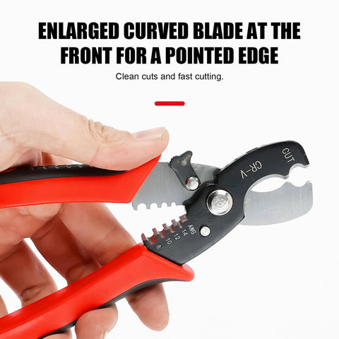 Beast Mode 8 Inch Wire Strippers And Cable Cutter Tool For Electricians Pro Grade 65 Mn Steel Blade Delivers Clean Fast Wire Strips And Easy Maintenance Jobs, close-up of red handle and curved blade