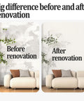 Before and after images showing Peel And Stick Thermal Wall Covering With 3mm Foam Backing for damp rooms, improved room aesthetics.