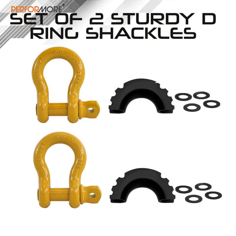 Beefed-Up Heavy Duty Three Quarters Inch D Ring Shackles Set Forged Steel Tow And Winch Shackles Four Point Seven Five Ton Load Capacity Two Pack Off Road Recovery Gear Yellow Powder Coat With Isolators