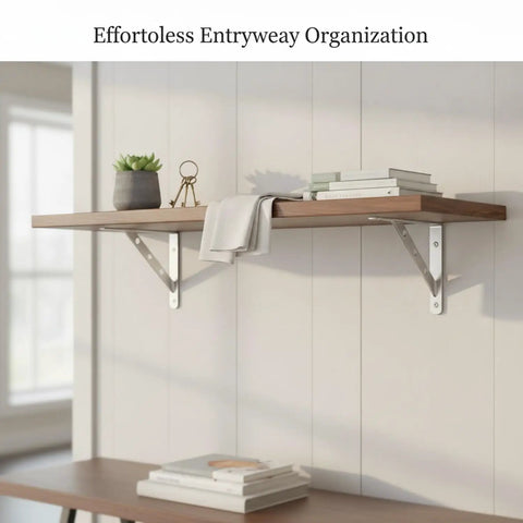 Stainless Steel Triangle Shelf Bracket Fits Standard Wood Boards for Kitchen and Bathroom Wall Storage, holding decor items.