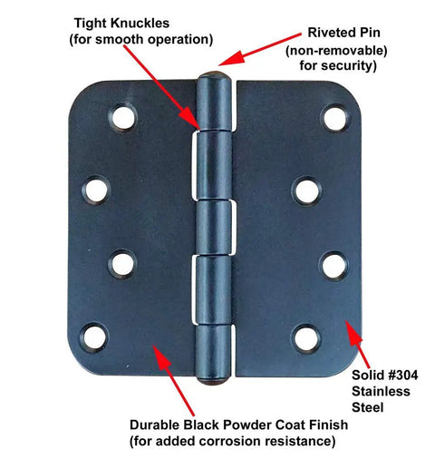 Matte Black Stainless Steel Door Hinges Set 4 Inches With Five Eighth Inch Radius Non Removable Pin Rust Resistant For Exterior And Coastal Doors 3 Pack Durable showing hinge front view.