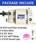 Image showing Marine Fuel Water Separator Kit For R12T 10 Micron Filter Replacement For Gas and Diesel Outboard Motors One Quarter Inch NPT Inlet And Outlet Includes Two Fittings And Two Plugs Beefed Up Aluminum Housing With Tough Build And Easy Install, including R12T filter, fittings, and thread tape.