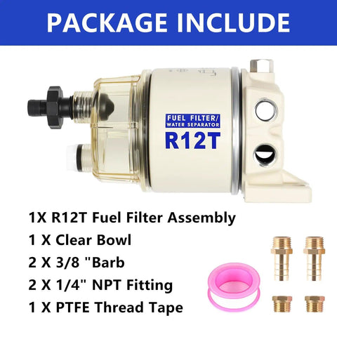 Image showing Marine Fuel Water Separator Kit For R12T 10 Micron Filter Replacement For Gas and Diesel Outboard Motors One Quarter Inch NPT Inlet And Outlet Includes Two Fittings And Two Plugs Beefed Up Aluminum Housing With Tough Build And Easy Install, including R12T filter, fittings, and thread tape.