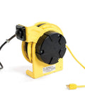 Built Tough 50 Foot Cord Reel With Job Site Work Light, heavy duty yellow cord winder with ratchet control.