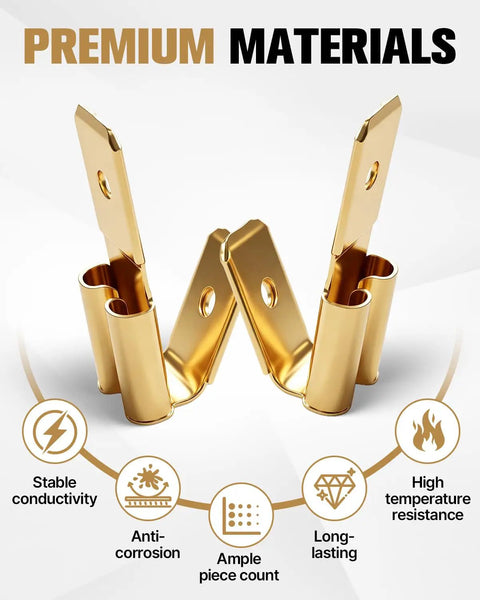 Premium materials of 50 Piece Heavy Duty Piggyback Spade Connectors Bulk Kit showcasing stable conductivity and anti-corrosion features.