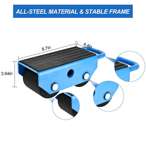 Amarite Industrial Fixed Machinery Skates Moving Heavy Equipment 5500 Lbs Capacity Nylon Rollers with steel frame and dimensions.