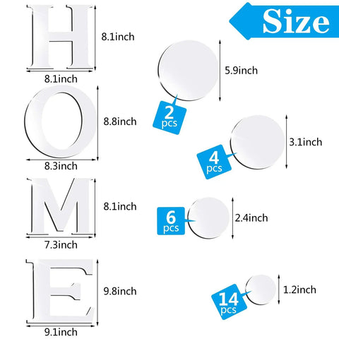 Dope 30 Piece Living Room Mirror Wall Decor Set With HOME Letter Signs And Acrylic 3D Decals, size chart shown with dimensions