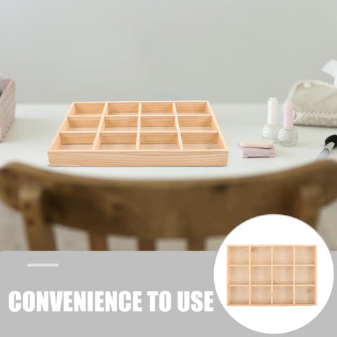 Solid Wood Jewelry Storage Tray With Twelve Grids For Rings And Bracelets Drawer Organizer, light yellow finish on a desk.