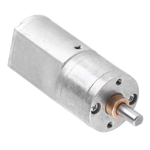 Close-up of 12V DC Geared Motor With 100 RPM Metal Reduction For DIY Toys, RC Cars And Robots, showing metal housing and shaft
