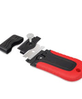 Razor Blade Scraper Tool With Built In Blade Storage For Glass Cooktops And Ceramic Stovetops Tackles Grime And Sticky Gunk Includes 10 Stainless Steel Blades For Scraping Burnt Food Old Labels Decals Adhesives And More, showing red handle and blade exposed