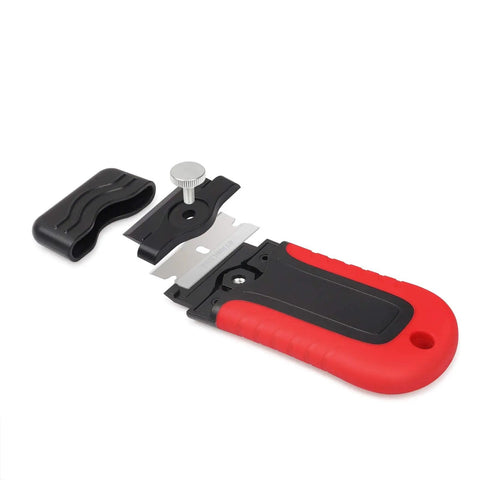 Razor Blade Scraper Tool With Built In Blade Storage For Glass Cooktops And Ceramic Stovetops Tackles Grime And Sticky Gunk Includes 10 Stainless Steel Blades For Scraping Burnt Food Old Labels Decals Adhesives And More, showing red handle and blade exposed