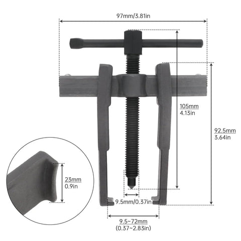 Front view of Two Jaw Gear Puller With Adjustable Arms For Internal And External Bearing Removal Heavy Duty 3 Inch Pulley Flywheel Gear Extraction Tool Built From High Carbon Steel For Strength Longevity And Corrosion Resistance with dimensions labeled.
