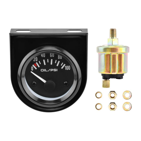 Universal oil pressure gauge kit with sensor, 0-100 PSI display, ideal for DIY car engine checks, includes gauge, frame, and screws.