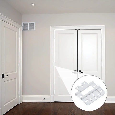 Ten Pack White 3 Inch Non Mortise Shutter Hinges For Screen Doors And Cabinets Easy To Install With Screws Included Rustproof Iron Hinges For DIY Home Projects installed on white door.