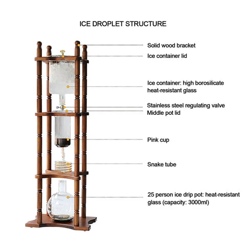 Heavy Duty 3 Liter Cold Brew Coffee Maker With Precision Stainless Drip Valve And Solid Wood Bracket Craft, showing ice droplet structure.