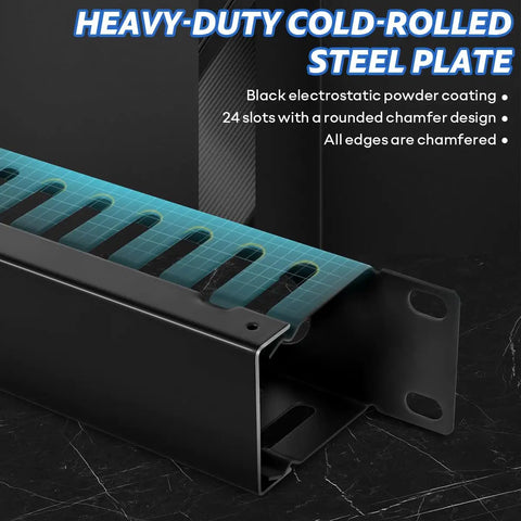Close-up of heavy-duty cold-rolled steel plate in 2 Pack 19 Inch 1U Server Rack Cable Management Kit with 24 Slot Horizontal Cable Raceway
