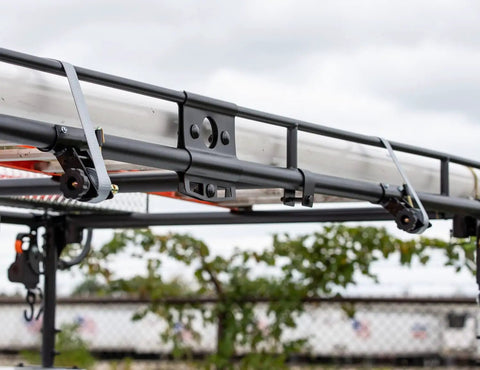 Round Tube Ladder Rack Ratchet Straps 2 Pack 7 Ft By 1-1/2 Inch With Double J Hook installed on truck