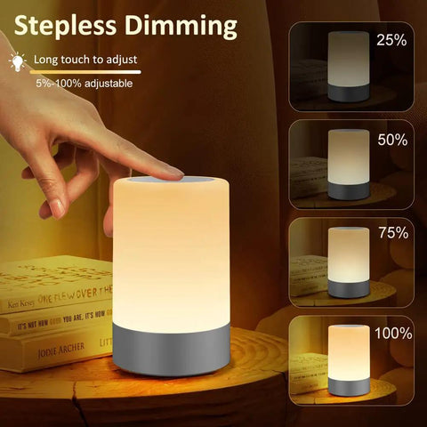 Nursery Night Light For Baby With Dimmable Brightness And Easy Touch Control shown with brightness settings