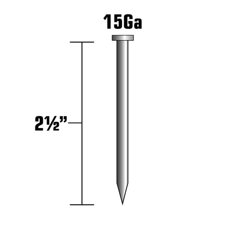 Illustration of a 2-1/2 inch 15 gauge finish nail, part of Finish Nails Two And A Half Inch 15 Gauge Angled Electro Galvanized 1000 Count.