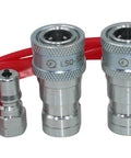 LSQ-S2 hydraulic quick-connect couplings with red dust caps and silver metal fittings