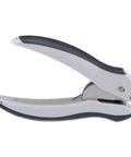 Side view of EZ Squeeze One Hole Paper Punch For 10 Sheets With No Jam Tech, gray blue, ergonomic grip, easy clean tray, and handle lock.