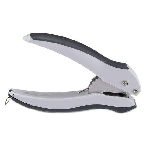 Side view of EZ Squeeze One Hole Paper Punch For 10 Sheets With No Jam Tech, gray blue, ergonomic grip, easy clean tray, and handle lock.