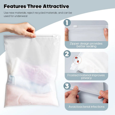 100 Pack Frosted Plastic Clothing Bags With Zipper Closure 10x13 Inches Durable Matte Finish For Shipping And Travel Storage Ideal For Shirts Socks Underwear And Documents No Vent Holes, shown being sealed by hand