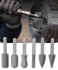 Heavy Duty Tungsten Carbide Burrs Six Pack Built Tough For Wood Carving And Metal Engraving With 6mm Shank on a drill.