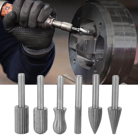 Heavy Duty Tungsten Carbide Burrs Six Pack Built Tough For Wood Carving And Metal Engraving With 6mm Shank on a drill.