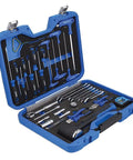 Karting Tool Kit 36 Piece With Three Eighths Inch Drive Ratchet, Sockets, Extensions, Pliers open in blue case