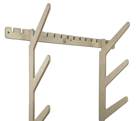 Premium Wall Rack Mount For Ski Snowboard And Longboard Storage Featuring Adjustable Baltic Birch Arms Heavy Duty Gear Holder view with multiple slots.