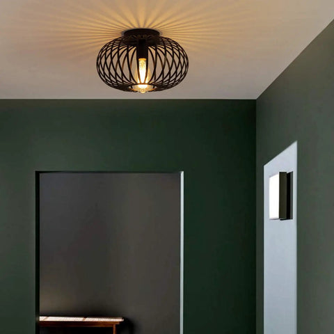 Industrial Black Metal Cage Ceiling Light Fixture For Hallways Living Rooms And Kitchens Semi Flush Mount Modern Farmhouse Style