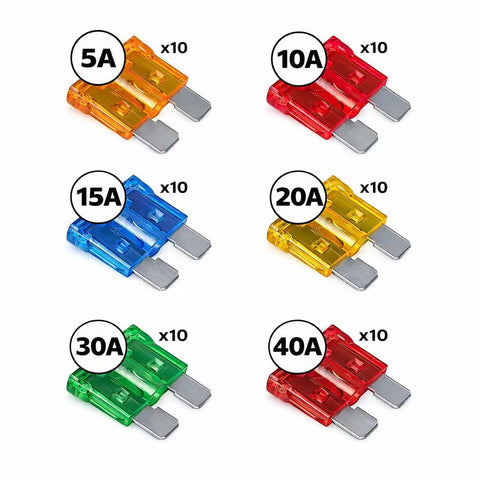 60 Piece Tough As Nails Led Blade Fuse Assortment with 5 to 40 amp variety shown in colors for automotive use.