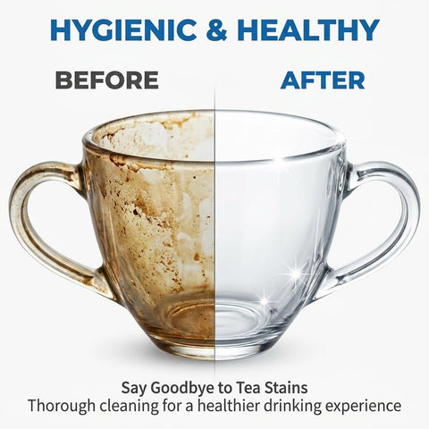 Before and after image showcasing cleanup results using Automatic Desktop Cup Washer With 1.8L Tank Electric Glass Rinser.