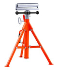 Built Tough Heavy Duty Roller Stand With Adjustable Height From Twenty Seven To Fifty Two Inches For Woodworking And Metalworking Outfeed Table is orange with a roller top.