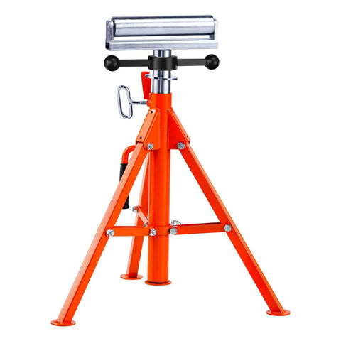 Built Tough Heavy Duty Roller Stand With Adjustable Height From Twenty Seven To Fifty Two Inches For Woodworking And Metalworking Outfeed Table is orange with a roller top.